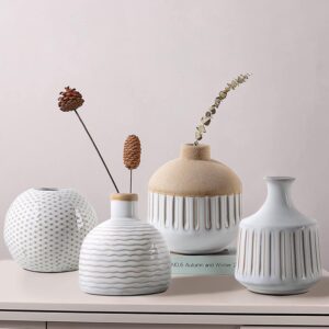 Minimalist Small Ceramic Vase Set of 4 for Bedroom Living Room Office Fireplace Centerpiece Antique White Vintage Farmhouse Rustic Retro Flower Vases Home Decor Gift for Fake Plants