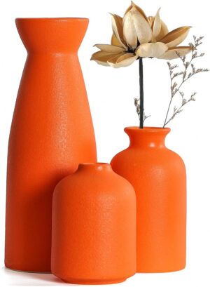 Ceramic Orange Vases Set of 3 Small Flower Vases for Decor, Modern Rustic Farmhouse Home Decor, Decorative Vases for Pampas Grass,Idea Shelf,Table,Bookshelf,Entryway- Distressed Decor