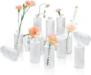 Glass Bud Vases Set of 12, Small Diamond Bud Vases in Bulk, Mini Flowers Vases for Centerpieces, Vintage Bottle for Table Decorations, Wedding Decor, Recepetion, Home, (Clear)