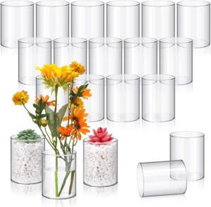 20 s Plastic Cylinder Vase 4 Inch Acrylic Cylinder Vase Bulk Small Clear Flower Container Hurricane Candle Holder Round Wide Container Centerpiece for Home Office Wedding Decorations
